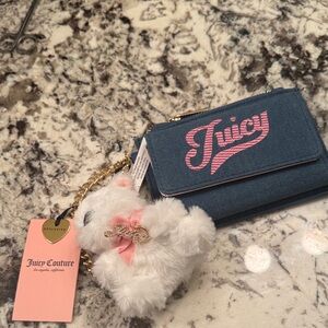 Juicy Couture Blue Denim Wallet with Pink Logo and White Plush Charm